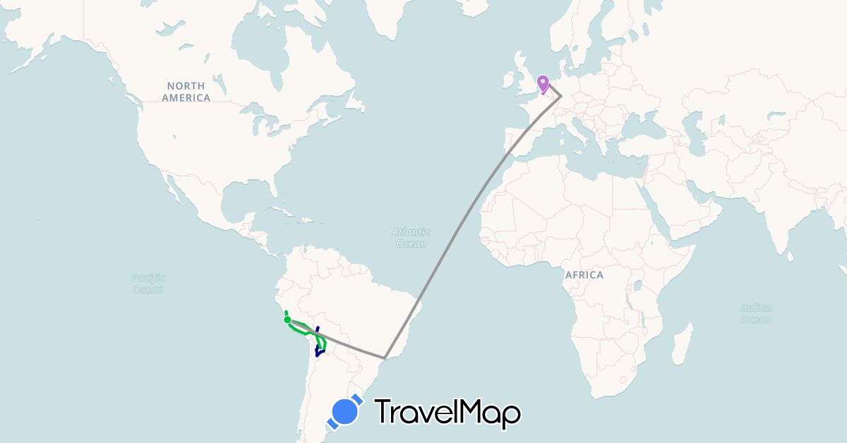 TravelMap itinerary: driving, bus, plane, train in Bolivia, Brazil, Germany, France, Netherlands, Peru (Europe, South America)