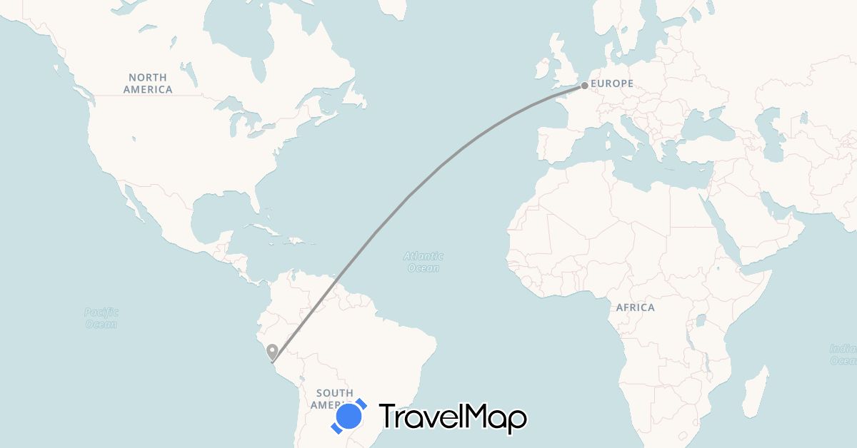 TravelMap itinerary: driving, plane in France, Peru (Europe, South America)